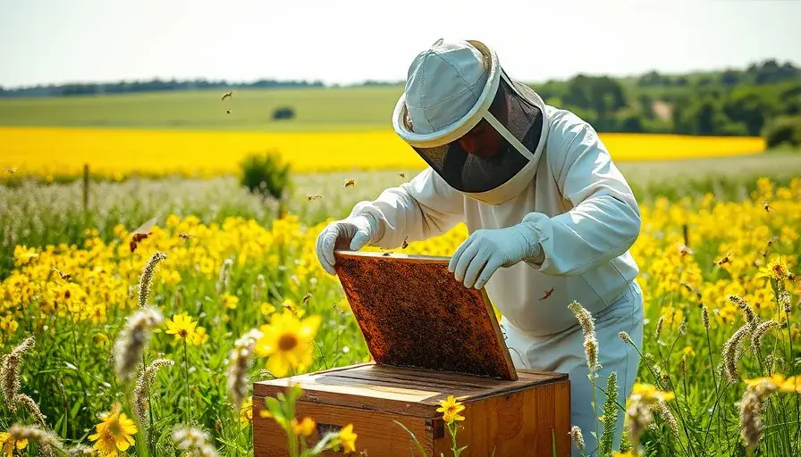 Beekeeper tending to bees in a field