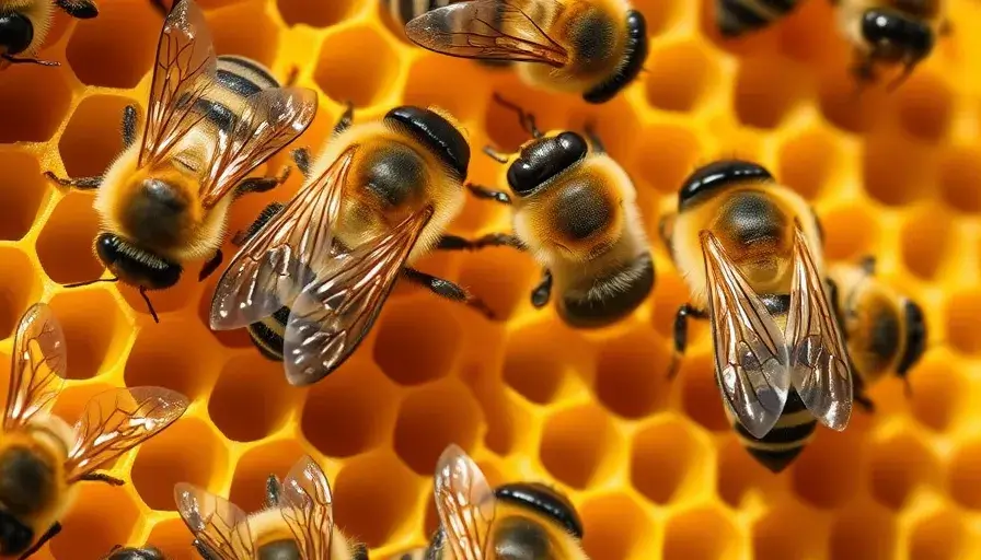 Close-up of bees working on a honeycomb