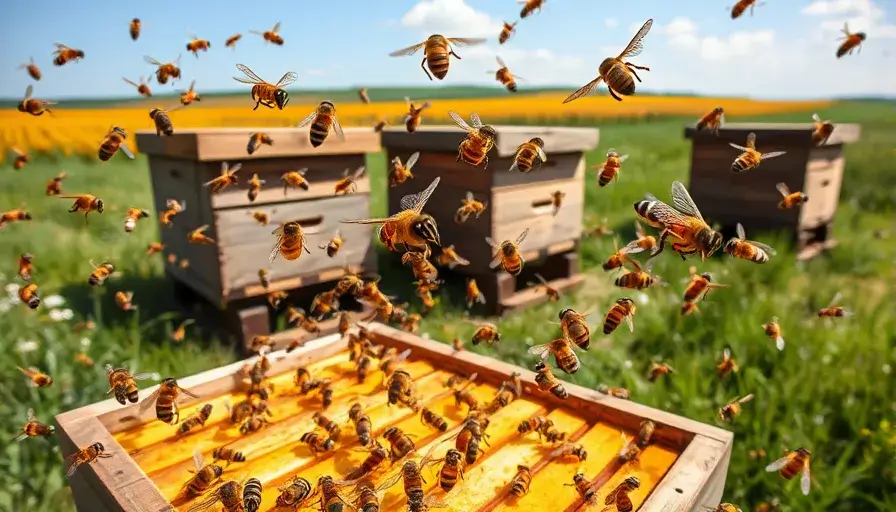 Bees flying around the apiary